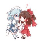  2girls ;&lt; ;) apron back_bow bangs bare_shoulders blue_dress blue_eyes blush bow braid breasts brown_eyes brown_hair commentary_request detached_sleeves dress eyebrows_visible_through_hair eyelashes frilled_apron frilled_bow frilled_dress frills full_body hair_bow hair_tubes hakurei_reimu heart holding_hands izayoi_sakuya long_sleeves looking_at_another maid maid_apron maid_headdress medium_breasts medium_hair multiple_girls nontraditional_miko one_eye_closed puffy_short_sleeves puffy_sleeves red_bow ribbon-trimmed_sleeves ribbon_trim shiny shiny_hair short_sleeves silver_hair simple_background smile standing tanikake_yoku thigh_strap touhou twin_braids waist_apron white_apron white_background white_legwear wide_sleeves wrist_cuffs yuri 
