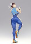  1girl blueorca bodysuit bracelet breasts brown_eyes brown_hair bun_cover chun-li coffee_cup cup disposable_cup double_bun highres jewelry large_breasts muscular muscular_female shoes solo street_fighter striped thick_thighs thighs 