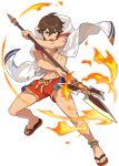  1boy anklet arm_up artist_request azel_(world_flipper) bangs blue_eyes brown_hair coat eyebrows_visible_through_hair fire full_body hair_between_eyes halberd highres holding holding_polearm holding_weapon hooded_coat jewelry jumping male_focus male_swimwear navel non-web_source official_alternate_costume official_art open_clothes open_coat open_mouth pectorals polearm red_footwear red_shorts sandals scar scar_on_chest scar_on_stomach shiny shiny_hair short_hair short_sleeves shorts sidelocks solo spread_legs stomach swim_trunks teeth transparent_background two-handed v-shaped_eyebrows weapon white_coat world_flipper 