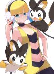  1girl absurdres bangs bare_arms black_choker blonde_hair blue_eyes blunt_bangs choker collarbone commentary elesa_(pokemon) emolga hand_on_hip hand_up highres holding holding_poke_ball lex_suri12 looking_at_viewer nail_polish parted_lips pink_nails poke_ball poke_ball_(basic) pokemon pokemon_(creature) pokemon_(game) pokemon_bw pokemon_on_arm short_hair simple_background white_background 
