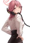  1girl aru_(blue_archive) blue_archive collared_shirt halo highres horns neck_ribbon phone pink_hair ribbon shirt shirt_tucked_in simple_background smug solo suketoudara_(artist) white_background white_shirt 