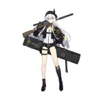  1girl asymmetrical_footwear bandana black_footwear black_jacket black_shorts blue_eyes boots brown_gloves closed_mouth eyebrows_visible_through_hair fingerless_gloves floor girls_frontline gloves gun hand_on_hip highres holding holding_weapon jacket long_hair looking_at_viewer mod3_(girls&#039;_frontline) official_alternate_costume official_art over_shoulder patch rifle shi-chen shorts silver_hair sniper_rifle solo standing transparent_background uneven_footwear weapon weapon_case weapon_over_shoulder xm3_(girls&#039;_frontline) 
