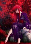  1girl autumn_leaves bangs barefoot closed_mouth collarbone commentary_request eyebrows_visible_through_hair floral_print flower grass highres japanese_clothes kimono leaf long_hair looking_at_viewer migiha night obi outdoors purple_kimono red_eyes red_flower redhead rock sash sitting sitting_on_rock smile solo spider_lily tohno_akiha tree tsukihime wide_sleeves yukata 