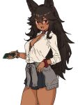  1girl animal_ears bangs blush breasts brown_hair cerberus_(houtengeki) dark-skinned_female dark_skin dog_ears houtengeki long_hair looking_at_viewer open_mouth original red_eyes small_breasts smile solo thighs 