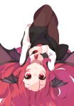  1girl absurdres bangs bat_wings black_skirt black_vest blurry blush breasts brown_legwear closed_mouth commentary_request depth_of_field eyebrows_visible_through_hair hair_between_eyes hair_spread_out hand_on_own_chest head_wings highres iroha_(pcrx7327) knees_up koakuma long_sleeves looking_at_viewer lying necktie on_back pantyhose red_eyes red_neckwear redhead simple_background skirt small_breasts smile solo touhou upside-down vest white_background wings 