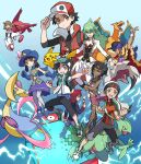  3girls 6+boys arm_up artist_request backpack bag bangs baseball_cap beanie black_hair black_pants black_shirt blue_footwear blue_gloves blue_headwear brendan_(pokemon) brown_eyes brown_hair buckle buttons cape capri_pants champion_uniform charizard charizard_pose clenched_hand clenched_hands closed_mouth coat commentary cresselia dark-skinned_female dark-skinned_male dark_skin earrings facial_hair feathers fur-trimmed_cape fur_trim gloves green_bag green_footwear green_hair hand_up hat highres hikari_(pokemon) holding holding_feather jacket jewelry latias leon_(pokemon) long_hair looking_back lycanroc lycanroc_(midnight) may_(pokemon) multiple_boys multiple_girls n_(pokemon) necklace official_alternate_costume olivia_(pokemon) outstretched_arm pants pantyhose pikachu pokemon pokemon_(game) pokemon_hgss pokemon_masters_ex pokemon_oras pokemon_sm pokemon_swsh poryphone purple_hair purple_shorts purple_skirt red_(pokemon) red_cape red_coat red_headwear redhead riding riding_pokemon sceptile scottie_(pokemon) shirt shoes short_hair short_sleeves shorts sidelocks silver_(pokemon) skirt sleeveless sleeveless_coat sleeveless_jacket smile spread_fingers swept_bangs tailcoat w white_footwear white_headwear white_jabot zipper_pull_tab 