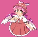  1girl adapted_costume animal_ears bangs brown_dress brown_headwear character_name closed_mouth clothes_writing commentary_request cropped_legs dress earrings feathered_wings hand_on_own_chest ini_(inunabe00) jewelry looking_at_viewer mystia_lorelei pink_background pink_hair shirt short_hair short_sleeves simple_background single_earring smile solo touhou white_shirt winged_hat wings yellow_eyes 