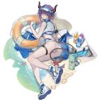  1girl absurdres animal_ears arknights ass bangs bare_shoulders blush echj highres horns lifebuoy official_alternate_costume parted_lips short_hair sideroca_(arknights) sideroca_(light_breeze)_(arknights) solo swimsuit tail visor_cap white_swimsuit yellow_eyes 