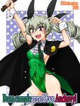  1girl anchovy_(girls_und_panzer) blush breasts brown_eyes cape covered_navel dated drill_hair eyebrows_visible_through_hair girls_und_panzer green_hair green_leotard hair_ornament hair_ribbon leotard long_hair looking_at_viewer oosaka_kanagawa open_mouth playboy_bunny ribbon shiny shiny_hair sideboob small_breasts smile solo thigh-highs twin_drills twintails white_legwear 