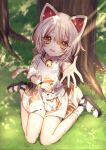  1girl :d animal_ears bell belt_boots blush boots brown_hair calico cat_ears cat_tail collared_dress eyebrows_visible_through_hair full_body goutokuji_mike hair_between_eyes highres holding jingle_bell kyouda_suzuka looking_at_viewer maneki-neko multicolored multicolored_clothes multicolored_hair nail_polish neck_bell open_mouth orange_eyes orange_hair outdoors outstretched_arm sandals short_hair short_sleeves sitting smile solo streaked_hair tail touhou tree tree_shade twitter_username wariza white_hair wristband 