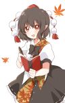  1girl autumn_leaves black_neckwear black_skirt blush commentary_request eyebrows_visible_through_hair frilled_skirt frills hair_between_eyes highres leaf_print looking_at_viewer notebook pen pointy_ears pom_pom_(clothes) red_eyes ribbon-trimmed_skirt ribbon_trim sasaki_sakiko shameimaru_aya shirt short_hair short_sleeves skirt solo touhou triangle_mouth white_background white_shirt 