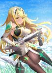  1girl bangs bare_shoulders blonde_hair breasts chest_jewel dress earrings elbow_gloves gloves highres inuneco jewelry large_breasts long_hair mythra_(massive_melee)_(xenoblade) mythra_(xenoblade) short_dress solo super_scope super_smash_bros. swept_bangs tiara very_long_hair white_dress white_gloves xenoblade_chronicles_(series) xenoblade_chronicles_2 yellow_eyes 