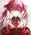  1girl ascot bangs breasts commentary_request hair_ribbon heterochromia highres hololive houshou_marine kiki-yu large_breasts long_hair red_eyes red_neckwear redhead ribbon smile solo twintails upper_body virtual_youtuber yellow_eyes 