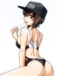  1girl ass blush breasts brown_hair eyebrows_visible_through_hair food girls_und_panzer hat large_breasts licking looking_at_viewer looking_back nishizumi_maho oosaka_kanagawa open_mouth popsicle shiny shiny_hair short_hair shoulder_blades simple_background skindentation solo swimsuit tongue tongue_out white_background 