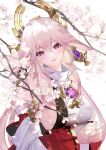  1girl animal_ears bangs cherry_blossoms detached_sleeves earrings eyebrows_visible_through_hair floral_background flower fox_ears genshin_impact hair_between_eyes hair_ornament head_tilt highres japanese_clothes jewelry long_hair looking_at_viewer miko nido_celisius parted_lips pink_hair ribbon-trimmed_sleeves ribbon_trim sidelocks smile solo violet_eyes wide_sleeves yae_(genshin_impact) 