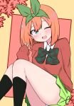  1girl ;d autumn_leaves bangs black_legwear blue_eyes blush bow eyebrows_behind_hair feet_out_of_frame go-toubun_no_hanayome green_bow green_ribbon green_skirt hair_between_eyes hair_ribbon hand_up knees_up kujou_karasuma long_sleeves looking_at_viewer nakano_yotsuba one_eye_closed open_mouth orange_hair panties pleated_skirt red_sweater ribbon signature sitting skirt sleeves_past_wrists smile socks solo sweater underwear white_panties 