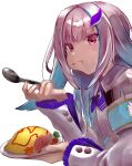  1girl :t asusua02 bangs chewing eating eyebrows_visible_through_hair food food_on_face hair_ornament hairclip highres holding holding_spoon lize_helesta long_hair long_sleeves nijisanji omurice silver_hair solo spoon violet_eyes 