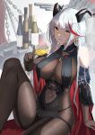  1girl absurdres aegir_(azur_lane) azur_lane black_cape blush bodystocking bottle breast_curtains breasts brown_gloves cape covered_navel cross-laced_clothes cup demon_horns drunk elbow_gloves eyebrows_visible_through_hair gloves hai_maker hair_on_horn highres holding holding_cup horns impossible_clothes iron_cross large_breasts long_hair looking_at_viewer microskirt multicolored_hair pantyhose redhead rigging skirt solo streaked_hair two-tone_hair underbust white_hair yellow_eyes 