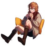  1girl bangs blue_eyes boots brown_footwear brown_sweater chamae_b char_(vtuber) cup english_commentary glasses hair_between_eyes holding holding_cup indie_virtual_youtuber mug pillow red_scarf scarf second-party_source sitting smile solo sweater virtual_youtuber 