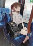  1girl absurdres backpack bag bangs black_footwear black_shorts blush brown_eyes brown_hair bus bus_interior chair closed_mouth daluto_(hitomi555) expressionless ground_vehicle highres hood hoodie long_hair motor_vehicle original shoes short_sleeves shorts sitting sneakers solo twintails white_hoodie window 