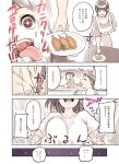  +_+ 1boy 1girl apron bouncing_breasts breasts brother_and_sister brown_hair closed_mouth eating food hachitani_(sunaba_suzume) highres indoors large_breasts open_mouth original pink_eyes ponytail shirt siblings smile smug sunaba_suzume tears tempura toe_hitting tongue tongue_out white_apron white_shirt wide-eyed 