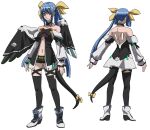  1girl ankle_boots asymmetrical_wings bare_shoulders black_legwear blue_hair boots character_sheet dizzy_(guilty_gear) guilty_gear guilty_gear_vastedge_xt hair_rings long_hair official_art red_eyes shorts tail thigh-highs thigh_strap twintails wings 
