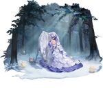  1girl animal azur_lane bare_shoulders bareback cheshire_(azur_lane) cheshire_(highness_in_white)_(azur_lane) dress forest from_behind grey_hair hat highres horse looking_at_viewer looking_back manjuu_(azur_lane) nature official_alternate_costume official_art outdoors see-through standing transparent_background white_dress white_headwear white_horse yyy_(zelda10010) 