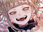  1girl bangs blonde_hair blunt_bangs blush boku_no_hero_academia cardigan double_bun eyeliner fangs hair_up looking_at_viewer makeup messy_hair open_mouth sanpaku school_uniform short_hair sidelocks slit_pupils smile solo teeth toga_himiko tongue uzura_(piroro-foo) yellow_cardigan yellow_eyes 