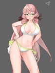  1girl absurdres akashi_(kancolle) bikini blunt_tresses breasts commentary_request cowboy_shot gradient_bikini green_eyes grey_background hair_ribbon hands_on_hips highres kantai_collection large_breasts long_hair maru_(marg0613) one-hour_drawing_challenge pink_hair ribbon side-tie_bikini simple_background solo standing swimsuit tress_ribbon twitter_username white_bikini 