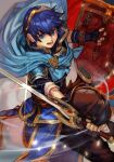  1boy black_gloves blue_cape blue_eyes blue_hair blue_jacket brown_pants cape copyright_request fingerless_gloves fire_emblem gloves hairband hankuri holding holding_shield holding_sword holding_weapon incoming_attack jacket looking_at_viewer male_focus marth open_mouth pants shield short_hair solo sword weapon 
