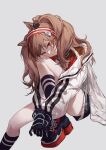  1girl angelina_(arknights) animal_ears arknights bangs black_gloves brown_hair closed_mouth fox_ears fox_girl gloves hairband highres jacket long_hair long_sleeves red_eyes shorts solo twintails weifengbing white_jacket 