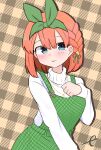  1girl :p bangs blue_eyes blush braid breasts brown_background closed_mouth eyebrows_behind_hair go-toubun_no_hanayome green_ribbon hair_between_eyes hair_ribbon hand_up highres houndstooth jewelry kujou_karasuma long_sleeves looking_at_viewer medium_breasts nakano_yotsuba orange_hair overall_skirt pendant plaid plaid_background ribbon signature sleeves_past_wrists smile solo sweater tongue tongue_out turtleneck turtleneck_sweater white_sweater 