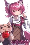  1girl absurdres animal_ear_fluff animal_ears apple arknights bangs closed_mouth eyebrows_visible_through_hair food fox_ears fox_girl fox_tail fruit highres long_sleeves pink_hair shamare_(arknights) shiki44boku solo stuffed_animal stuffed_toy tail twintails violet_eyes 