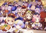  +_+ 6+girls :d :t ^_^ ahoge animal_ear_fluff animal_ears arm_up arms_up bangs bangs_pinned_back barbara_(genshin_impact) beret black_headwear blonde_hair blue_headwear blue_jacket blush brown_eyes brown_gloves cabbie_hat cat_ears cat_girl cat_tail closed_eyes closed_mouth commentary_request diona_(genshin_impact) dress drinking_straw explosive eyebrows_visible_through_hair fake_animal_ears fang finger_to_mouth food forehead fried_egg fruit_cup genshin_impact gloves grenade hair_between_eyes hat hat_feather heart highres holding holding_plate hood hood_up jacket klee_(genshin_impact) leaf leaf_on_head long_sleeves lumine_(genshin_impact) multiple_girls multiple_persona navel nose_blush open_mouth pink_hair plate pout profile puffy_long_sleeves puffy_sleeves purple_hair qing_guanmao qiqi_(genshin_impact) raccoon_ears raccoon_hood red_dress red_headwear sausage sayu_(genshin_impact) shirt short_eyebrows smile sparkle sweat tail tail_raised thick_eyebrows tsubasa_tsubasa violet_eyes white_feathers white_shirt x_x 