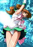  1girl arm_up bishoujo_senshi_sailor_moon brown_hair circlet clothes_lift collared_shirt earrings elbow_gloves floating_hair gloves green_eyes green_sailor_collar green_skirt hair_bobbles hair_ornament jewelry kaze_no_ryuuryuu long_hair miniskirt open_mouth panties pink_neckwear pleated_skirt sailor_collar sailor_collar_lift sailor_jupiter sailor_senshi sailor_senshi_uniform sailor_shirt shiny shiny_hair shirt skirt skirt_lift solo sparkle standing underwear very_long_hair white_gloves white_panties white_shirt 