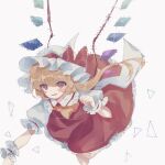  1girl ascot bangs blonde_hair blush bow bright_pupils commentary_request crystal distortion eyebrows_visible_through_hair flandre_scarlet flying frilled_shirt_collar frills hair_between_eyes hand_up hat hat_bow looking_at_viewer mob_cap one_side_up outstretched_arm parted_lips petticoat puffy_short_sleeves puffy_sleeves red_bow red_eyes red_skirt red_vest short_hair short_sleeves simple_background skirt slit_pupils smile solo sorani_(kaeru0768) touhou v-shaped_eyebrows vest white_background white_headwear white_pupils wings wrist_cuffs yellow_neckwear 