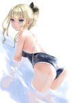 1girl all_fours black_ribbon black_swimsuit blonde_hair blue_eyes competition_swimsuit dutch_angle hair_ribbon katahira_masashi long_hair looking_at_viewer one-piece_swimsuit original ribbon school_swimsuit simple_background soaking_feet solo swimsuit white_background 