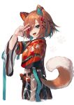  1girl animal_ears brown_hair dog_ears dog_girl dog_tail green_eyes green_nails hair_over_one_eye highres looking_at_viewer makihitsuji miyoshino_shiki open_mouth paw_print prism_project short_hair simple_background smile solo tail v_over_eye virtual_youtuber white_background 