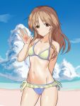  1girl beach bikini blue_sky blurry breasts brown_eyes brown_hair clouds commentary_request contrapposto day depth_of_field frilled_bikini frills highres horizon idolmaster idolmaster_cinderella_girls long_hair looking_at_viewer mismatched_bikini ocean outdoors side-tie_bikini sky small_breasts solo standing swimsuit takamori_aiko vamns waving 