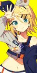  1girl :t arm_up asymmetrical_clothes bangs blonde_hair blue_eyes blush bow crop_top hair_between_eyes hair_bow hair_ornament hairclip highres kagamine_rin long_sleeves looking_at_viewer miwasiba multicolored_bow navel pout short_hair simple_background solo upper_body vocaloid yellow_background 