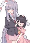  2girls absurdres animal_ears arms_up bangs belt black_hair blazer blush bright_pupils carrot_necklace collar collared_shirt cropped_legs dress eyebrows_visible_through_hair hair_between_eyes hand_on_another&#039;s_face hands_up height_difference highres hug inaba_tewi jacket light_purple_hair long_hair long_sleeves looking_at_viewer multiple_girls necktie open_mouth pink_dress pleated_skirt puffy_short_sleeves puffy_sleeves purple_hair rabbit_ears rabbit_tail red_belt red_neckwear red_skirt reisen_udongein_inaba shirt short_hair short_sleeves simple_background skirt smile standing tail touhou tsukimirin white_background white_pupils white_shirt 