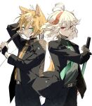  2boys absurdres alternate_costume alternate_hairstyle animal_ears antenna_hair aqua_eyes arrow_(projectile) bandaged_hand bandages bangs black_jacket black_pants bow_(weapon) brown_hair closed_mouth fox_boy fox_ears fox_tail genshin_impact gorou_(genshin_impact) green_neckwear grey_shirt hair_between_eyes hair_down highres holding holding_bow_(weapon) holding_sword holding_weapon jacket kaedehara_kazuha long_sleeves looking_at_viewer male_focus multicolored_hair multiple_boys necktie pants quiver red_eyes redhead ryu_genshin77 shirt simple_background streaked_hair sword tail weapon white_background white_hair yellow_neckwear 
