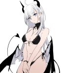  1girl :3 absurdres ahoge bare_arms bare_shoulders bikini black_bikini blue_eyes breasts cowboy_shot cross demon_girl demon_horns demon_tail demon_wings detached_collar ear_piercing front-tie_bikini front-tie_top halterneck highres horns lace_trim long_hair looking_at_viewer low_wings medium_breasts navel nekojira original piercing pointy_ears side-tie_bikini simple_background smile solo stomach string_bikini swimsuit tail unfinished v_arms white_background white_hair wings 