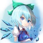  1girl blue_eyes blue_hair blue_vest blush bow cirno closed_mouth collared_shirt cropped_torso eyebrows_visible_through_hair fairy green_bow hair_between_eyes hair_bow highres ice ice_wings kayon_(touzoku) shirt short_hair short_sleeves smile solo touhou upper_body vest white_shirt wings 