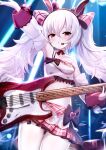  1girl :o animal_ears arm_up armpits artist_name ass_visible_through_thighs azur_lane bangs bare_shoulders black_choker blush bow breasts choker collarbone commentary_request cowboy_shot crop_top detached_sleeves electric_guitar eyebrows_behind_hair fake_animal_ears frills guitar hair_between_eyes hair_bow hairband headset highres holding holding_instrument idol instrument laffey_(azur_lane) laffey_(halfhearted_bunny_idol)_(azur_lane) long_hair looking_at_viewer midriff navel nekoya_(liu) pantyhose partial_commentary pink_skirt plaid plaid_bow plaid_skirt pleated_skirt rabbit_ears red_eyes red_hairband ribbon_choker sidelocks single_strap skirt small_breasts solo stage_lights standing twintails twitter_username very_long_hair white_hair white_legwear white_sleeves 
