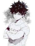  1boy absurdres angry bandaged_arm bandages bangs boku_no_hero_academia closed_mouth collarbone commentary_request crossed_arms freckles frown highres looking_at_viewer male_focus messy_hair midoriya_izuku multicolored_hair shirt short_hair short_sleeves solo suzumetarou toned toned_male translation_request two-tone_hair upper_body v-shaped_eyebrows 