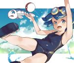  1girl arm_up bangs bare_arms blue_eyes blue_hair blush bright_pupils commentary_request driftingtiger eyebrows_visible_through_hair eyelashes freckles goggles goggles_on_head hand_up highres lana_(pokemon) no_sclera one-piece_swimsuit open_mouth poke_ball poke_ball_(basic) pokemon pokemon_(creature) pokemon_(game) pokemon_sm sandals short_hair swimsuit toes tongue upper_teeth water white_pupils wishiwashi wishiwashi_(solo) 