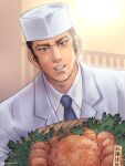  1boy alternate_costume black_hair buzz_cut chef chef_hat chef_uniform formal golden_kamuy hat incoming_food lobster long_sideburns looking_at_viewer male_focus mature_male necktie nopinzo short_hair sideburns smile solo suit tanigaki_genjirou thick_eyebrows very_short_hair white_suit 