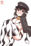  1girl akitsu_maru_(kancolle) alternate_costume animal_ears animal_print artist_logo bell bikini black_hair black_headwear blush breasts clothes_on_shoulders cow_ears cow_girl cow_print cow_tail cowbell dated grey_eyes hat highres jacket jacket_on_shoulders kanon_(kurogane_knights) kantai_collection large_breasts looking_at_viewer neck_bell one-hour_drawing_challenge pale_skin peaked_cap print_bikini print_legwear short_hair side-tie_bikini simple_background solo swimsuit tail thigh-highs white_background 