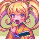  1girl :o bangs blonde_hair blush_stickers bow cat_hair_ornament commentary_request danganronpa_(series) danganronpa_2:_goodbye_despair esu_(tasoesu) green_background hair_bow hair_ornament highres japanese_clothes kimono long_hair long_sleeves looking_at_viewer open_mouth red_eyes saionji_hiyoko shiny shiny_hair shiny_skin smile solo twintails upper_body upper_teeth wide_sleeves 